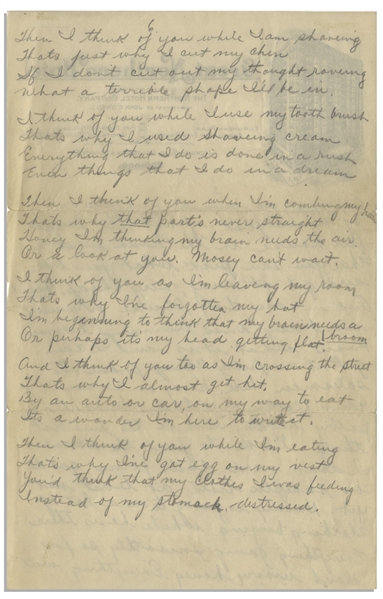 Moe Howard Handwritten Poem Signed ''Mosey'' to Helen, Circa 1924 on 4pp. of Chicago Hotel Stationery -- Also Includes Partial Letter -- 2 Sheets Measure 6'' x 9.5'' -- Very Good